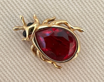 Tiny Signed Figural Insect Vintage Pin Ruby Red Crystal