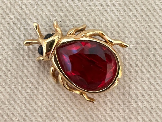 Tiny Signed Figural Insect Vintage Pin Ruby Red C… - image 1
