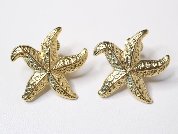 Gold Starfish Statement Earrings - Unsigned Vinta… - image 3
