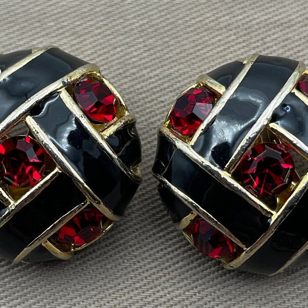 Fab Ruby Red Moghul Statement Earrings Glossy Black Enamel Runway Jewelry