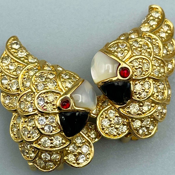 JUDITH LEIBER Figural Parrot Clip On Statement Earrings Bejeweled Bird Earrings
