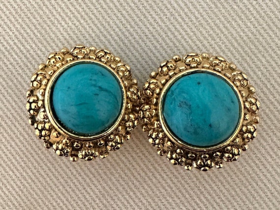 Chic Etruscan Faux Turquoise Cabochon Studded Gol… - image 3