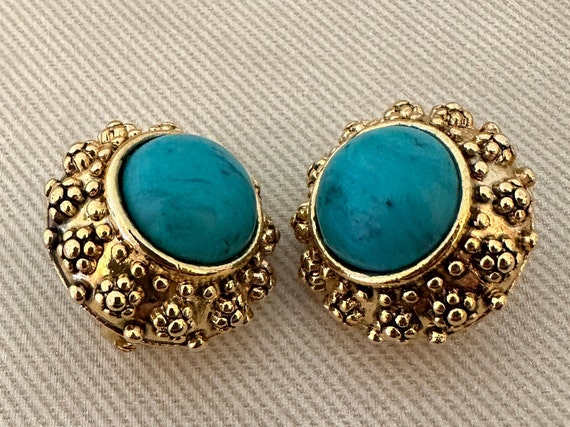 Chic Etruscan Faux Turquoise Cabochon Studded Gol… - image 4