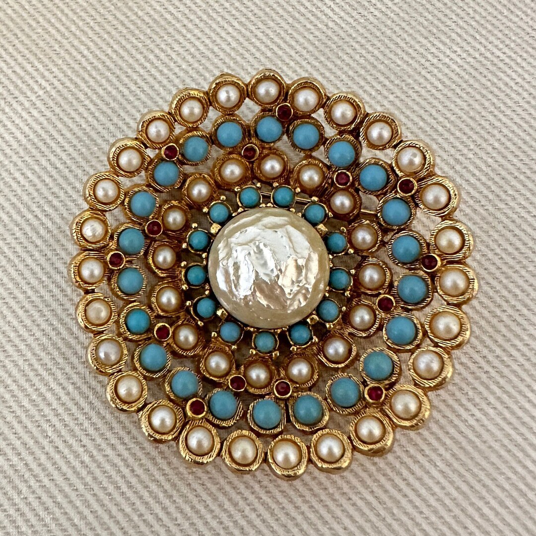 CAPRI Vintage Baroque Pearl Brooch: Turquoise & Ruby Ornate Pin - Etsy