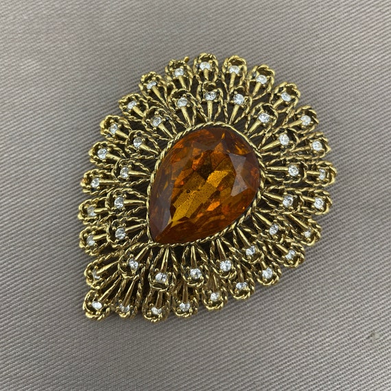 Ornate Art Nouveau Amber Stone Vintage Brooch - image 4