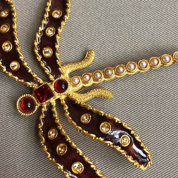 Ornate Yosca Dragonfly Brooch - Gerard Yosca Enameled Insect Crystals Rhinestones Couture Jewelry