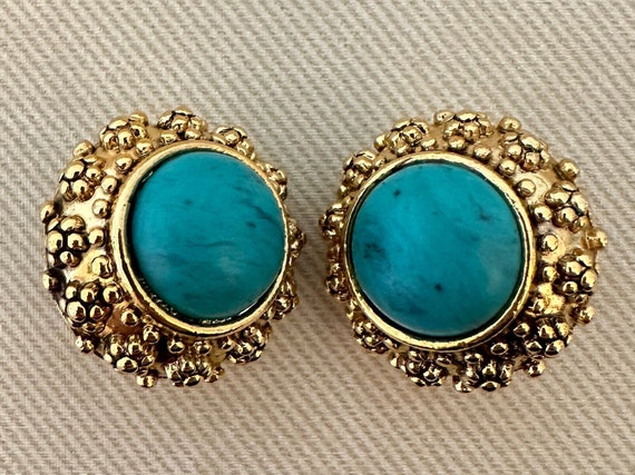 Chic Etruscan Faux Turquoise Cabochon Studded Gol… - image 2