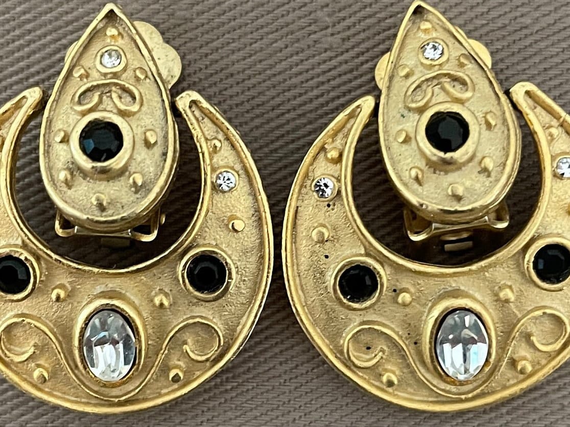 Etruscan Revival Doorknocker Matte Gold Clip On Statement Earrings Crystal and Onyx Accents