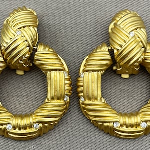 MASSIVE Door Knocker Satin Gold Clip On Statement Earrings