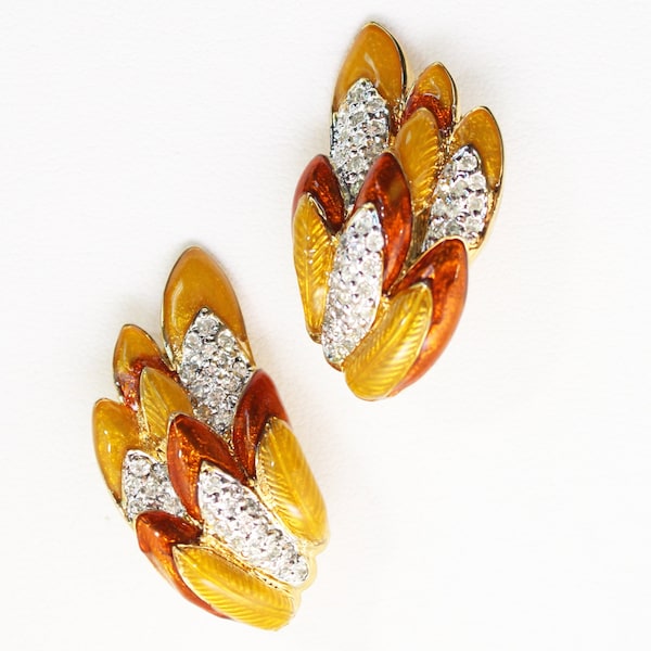 Judith Leiber Enameled Feather Clip On Earrings - Statement Earrings, High End Designer