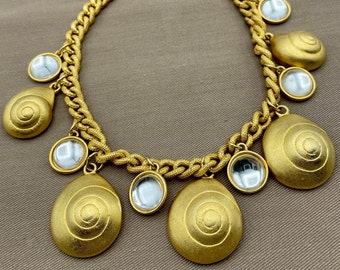 Bold Etruscan Shell Charm Gold Statement Choker Clear Cabochon Statement Jewelry