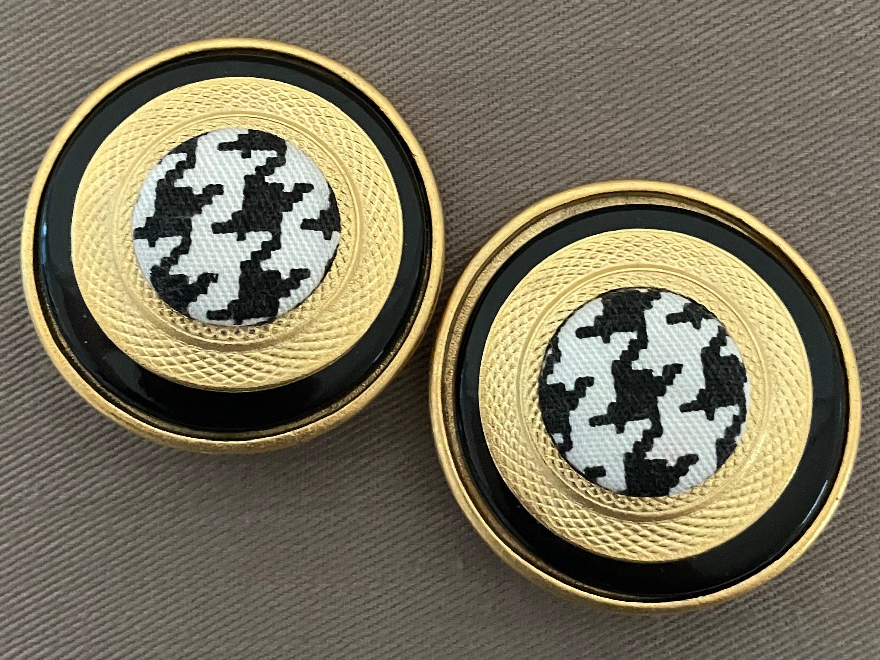 Huge Matte Gold Clip on Statement Earrings Houndstooth Fabric Centers