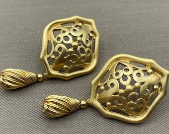 Openwork ETRUSCAN Shield Dangle Vintage Statement Earrings for Pierced Ears Signed Earrings