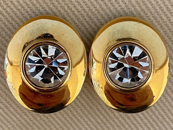 Deco Crystal Disk Clip On Statement Earrings Sign… - image 1