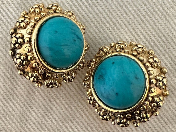 Chic Etruscan Faux Turquoise Cabochon Studded Gol… - image 1
