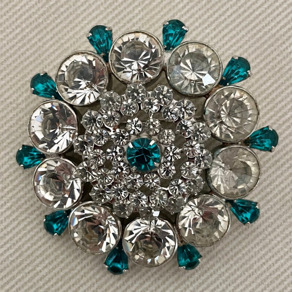 Exquisite ICY HOBE Signed Vintage Brooch Pin Diamante Emerald