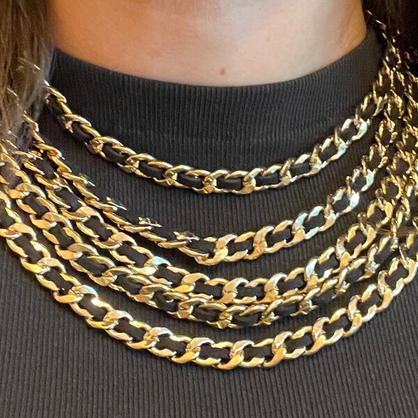 Multistrand Choker Gold Chain and Leather Link Statement Necklace Signed Vintage Jewelry