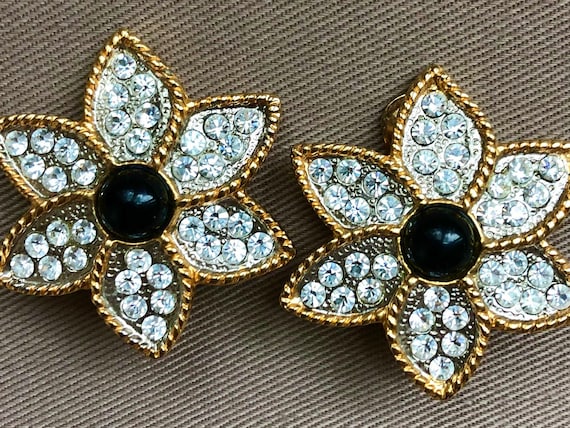 Huge Diamante Flower Clip On Statement Earrings O… - image 1