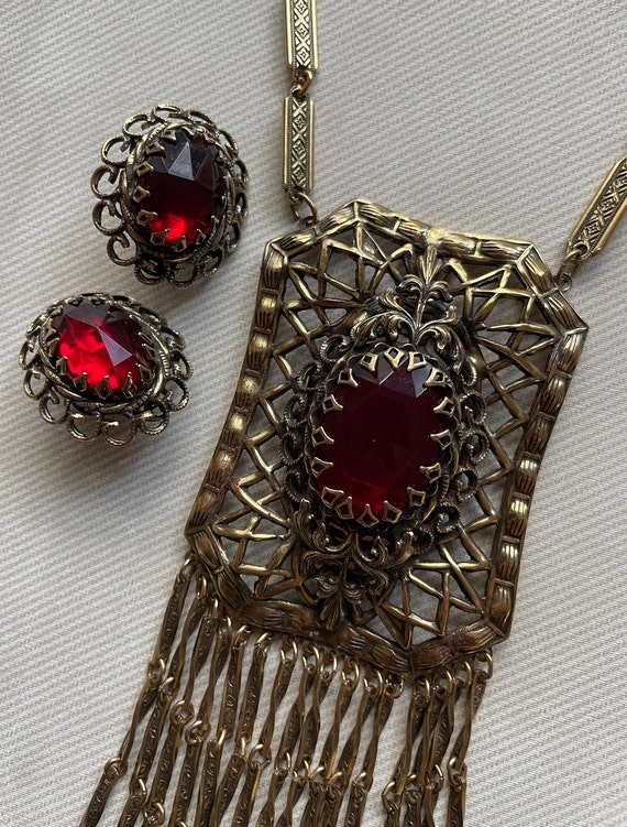 Stunning Art Nouveau Garnet Vintage Jewelry Set L… - image 3