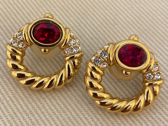 Art Deco Ruby Red Vintage Statement Earrings for … - image 1
