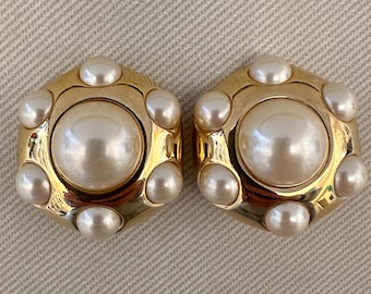 Vintage Pearl Clip On Statement Earrings Signed 90s Massive Jewelry