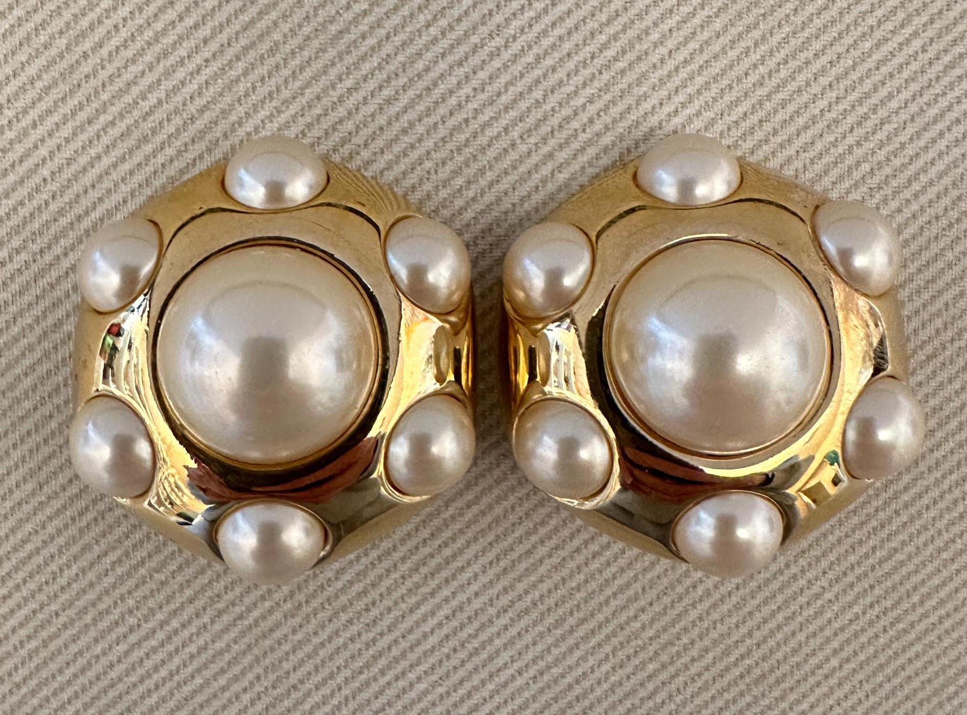 Boucles D'oreilles XXL Vintage Années 90 - Clips Dorés Avec Perles Et Cœur