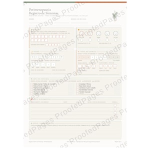 May include: A white perimenopause symptom tracker sheet with the text Perimenopausia Registro de Síntomas at the top. The document includes sections for mood, energy levels, physical symptoms, and notes, overlaid with a repeating ProofedPages watermark.
