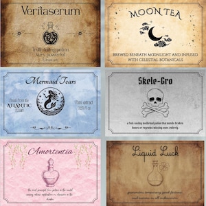 Könnte beinhalten: Eine Sammlung von sechs rechteckigen Zaubertranketiketten mit Papiertexturen im Vintage-Stil. Die Etiketten zeigen Illustrationen und Texte in schwarzer Tinte, darunter Veritaserum, Moon Tea, Mermaid Tears, Skele-Gro, Amortentia und Liquid Luck mit Beschreibungen.