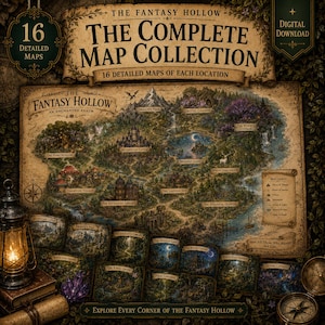 Puede incluir: Una colección de descarga digital que incluye 16 mapas de fantasía detallados de The Fantasy Hollow. El mapa principal muestra lugares como Moonstone Castle, Moonlight Lake y The Enchanted Library, con una leyenda y el texto Not All Those Who Wander Are Lost.