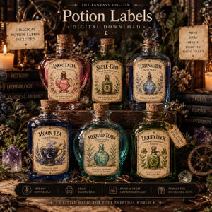May include: Six glass bottles with cork stoppers, each featuring a vintage-style paper label with unique names like Amortentia, Skele-Gro, Veritaserum, Moon Tea, Mermaid Tears, and Liquid Luck, filled with coloured liquids and decorative illustrations.