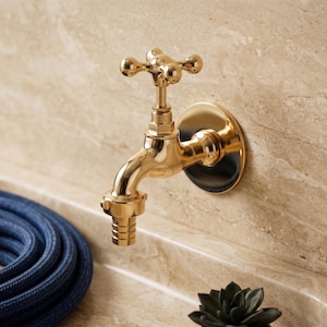 May include: A polished gold-tone wall-mounted faucet featuring a cross-shaped handle and a threaded spout end. The fixture has a circular base plate and a metallic finish, designed for water control with a classic four-point turning mechanism.