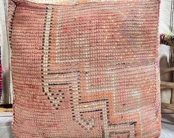 Peach Moroccan Pouf, Vintage Boujaad Floor Pillow, Muted Orange Berber Ottoman, Handwoven Rug Floor Cushion, Boho Tribal Square Pouf