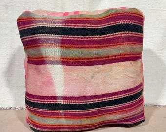 Vintage Moroccan Pouf, Kilim Floor Pillow, Handmade Wool Cushion, Moroccan Rug Pillow Cover, Striped Boho Floor Seating, Pink & Magenta Pouf