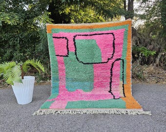 Colorful Moroccan Rug, Abstract Boujaad Rug, Handmade Wool Carpet, Vibrant Pink Green Orange Rug, Custom Berber Rug, Modern Area Rug