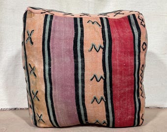 Green Vibrant Moroccan Pouf Ottoman - Handmade Kilim Floor Pillow - Colorful Berber Floor Cushion - Orange Red Square Boho Decor