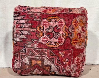 Authentieke Marokkaanse vloerkleed poef, vintage berber vloerkussen, roze en rode wollen poef, handgemaakte boho kussenhoes, tribal poef voetenbank