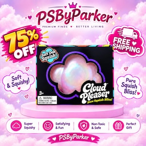 May include: A rectangular black product box labeled Cloud Pleaser with a cloud-shaped cutout revealing a pearlescent, iridescent, soft, and squishy material inside. The packaging features the text Soft Doh Squish, a warning label, and age rating 3+.