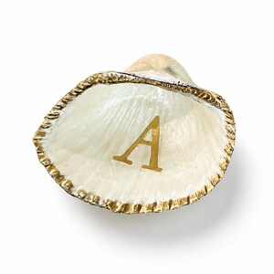 May include: A white seashell dish featuring a gold-painted scalloped edge and a gold-colored letter A centered on the interior surface. The shell has a natural ribbed texture and a glossy finish, with the gold paint highlighting the outer rim.