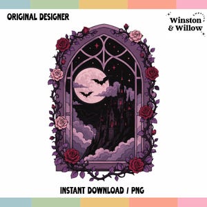 May include: A digital illustration featuring a gothic arched window frame adorned with climbing rose vines in shades of red and pink. Through the window, a dark castle sits on a cliff under a large full moon, clouds, and flying bats.