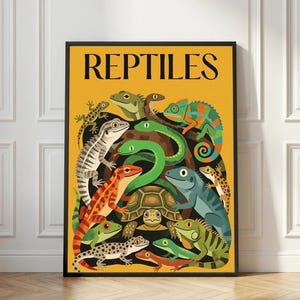 May include: A rectangular wall poster with a yellow background and the word REPTILES printed in black at the top. The illustration features a collection of various colorful reptiles including snakes, a turtle, a chameleon, and lizards.