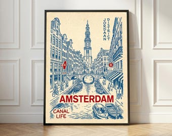 Amsterdamkanaltryck | Nederländska väggkonst | Vintage reseaffisch | Holländsk stadsillustration | Europeisk inredning