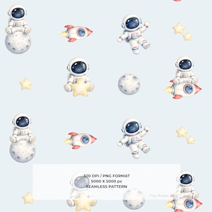 Paquete de patrones sin costuras de acuarela del espacio, astronauta, cohete, luna y estrellas (descarga digital)