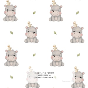 Könnte beinhalten: Ein nahtloses Muster mit wiederkehrenden Illustrationen eines grauen Baby-Nilpferds mit einer kleinen gelben Ente auf dem Kopf, durchsetzt mit grünen Blättern. Der Text lautet 300 DPI / PNG FORMAT 5000 X 5000 px SEAMLESS PATTERN.
