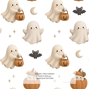 Può includere: Un motivo continuo con fantasmi color crema dalle guance rosee, alcuni che tengono secchielli a forma di zucca arancioni, insieme a piccoli pipistrelli grigi, lune crescenti e stelle. Il testo recita 300 DPI / PNG FORMAT 5000 X 5000 px SEAMLESS PATTERN.