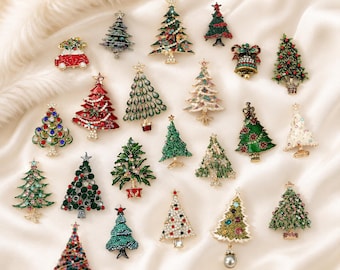 Christmas Tree Brooch, Rhinestone Holiday Pin, Festive Enamel Jewelry Gift for Her