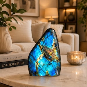 Peut inclure: Une sculpture en pierre de labradorite polie présentant des éclats irisés bleu et or vifs sur sa surface. La pierre a une forme lisse et irrégulière et est exposée sur une surface en marbre à côté de livres empilés et d'un bougeoir en verre.