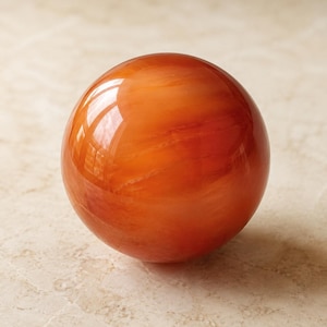 Puede incluir: Una piedra esférica pulida con una superficie lisa y brillante. El objeto presenta una paleta de colores naranja y marrón rojizo vibrante y translúcida, con sutiles patrones internos en espiral y reflejos de luz en su forma.