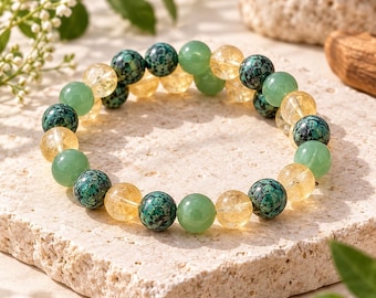 Wohlstandsarmband, Armband aus Citrin, grünem Aventurin und afrikanischem Türkis, Glücksbringer-Kristallarmband, Geschenk für Fülle und Reichtum für sie