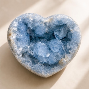 May include: A heart-shaped celestite geode featuring a cluster of light blue, translucent, angular crystals within a hollow center. The outer edge of the heart is composed of a rough, pale, rocky mineral formation surrounding the blue crystal interior.
