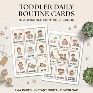 Peut inclure: Deux pages A4 de cartes de routine quotidienne pour tout-petits avec 18 illustrations imprimables et des étiquettes textuelles comme Brush My Teeth, Get Dressed, Eat Breakfast, Go Potty, Bath Time, Comb My Hair, Put On Shoes, Make My Bed.